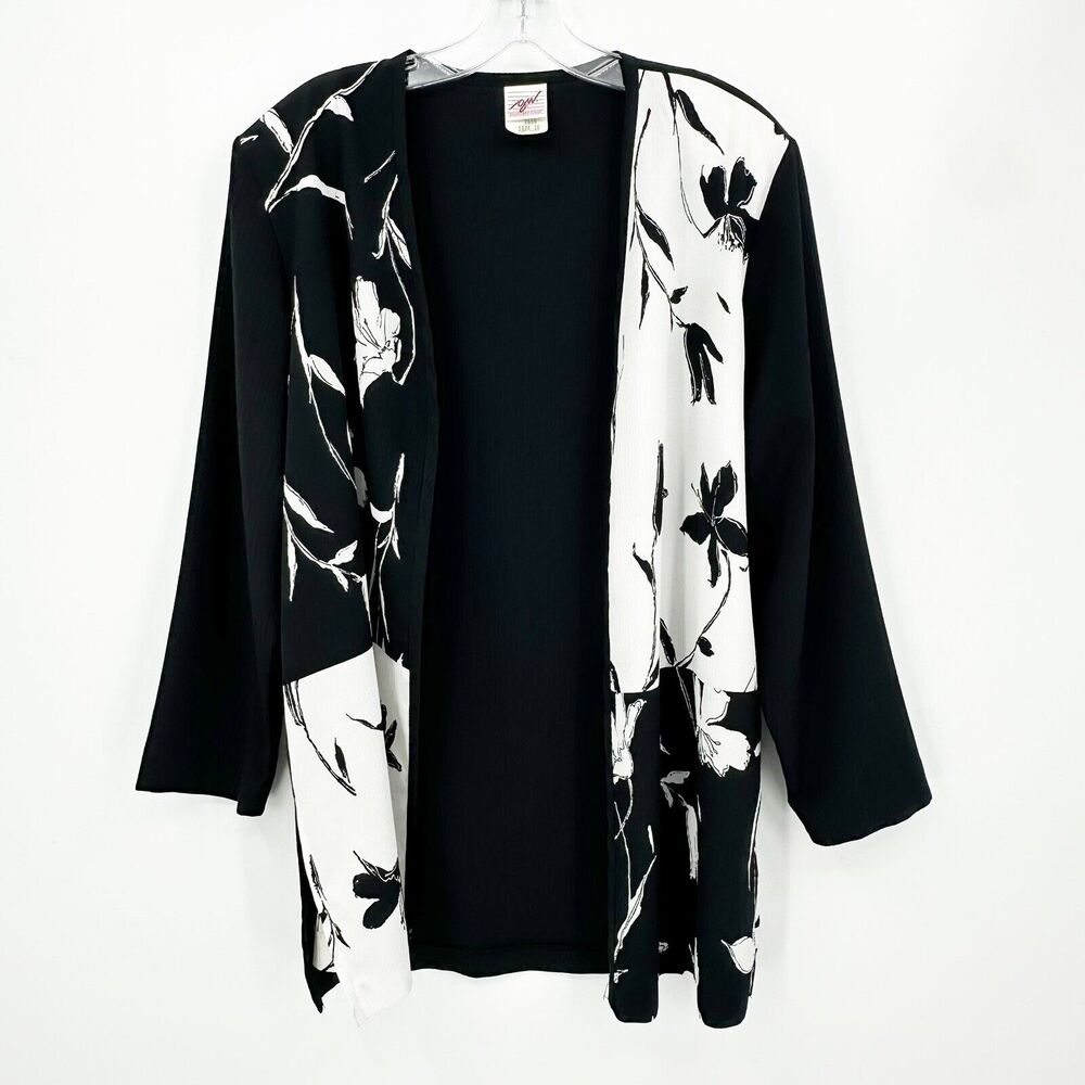 Vtg GW‎ Womens Open Front Blazer 10 Made In USA Black White Floral Minimalist